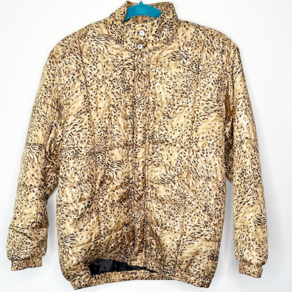 Clio Vintage 100% Silk Animal Print Quilted Puffer Jacket‎ Size S Oversized